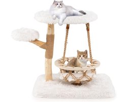 Kattenkrabpaal van hout met hangschommel – Pluche platform en jute krabzuilen, 66 cm