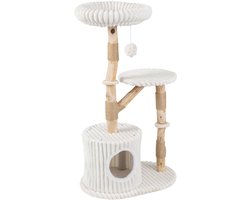 Krabpaal: Kattenkrabpaal van Natuurlijk Hout met Kattenholte 105 cm Krabpaal Hout met Jute Krabpalen Afneembare Kussen Speelbal en Stabiele Klimtoren Beige