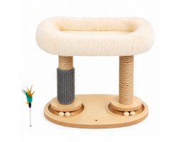 Krabplank: Kattenkrabplank met Kattenhuisje - Zelfspeelgoed voor Katten - Kattenkrabpaal met Speelbal en Draaischijf - Houten Kattenmand - Interactief Kattenspeelgoed - 43&times;39&times;29 cm