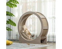 Kattenloopwiel – Kattenrad – Kat Fitness – Cat Wheel – Geschikt Voor Katten Tot 5 Kg – Duurzaam Houten Materiaal – Vervangbaar Krabmatje - 91 x 33.5 x 91 cm - Walnoot