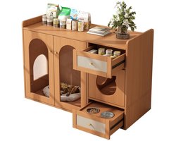 Kattenmeubel – Kattenhuis – Kattenkast – Kattenbakmeubel – Kattenlounge – Natuurlijke Houtkleur – Voor Grote Katten – Vrijstaand – Bamboe – Met Voerstation – Ruime Opbergruimte – 120x45x83 cm