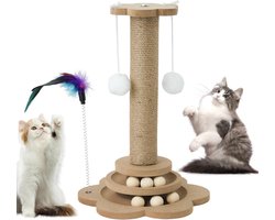 Kattenscratchpaal 40 cm Hoog - Interactieve Trackball Speelgoed en 4 Stuks Veren voor Speelvriendelijke Interacties
