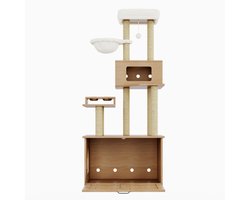 Kattentoren Krabpaal 80x50x173cm All-in-One Kattenmeubel Natuur MDF Pluche Groot Platform Voerstation Hangmat Kattenbakkast Zonder Kattenbak