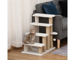Kattentrap met krabpaal 4 treden & hondentrap van spaanplaat, pluche & jute, wit, 60x40x64cm voor katten & honden