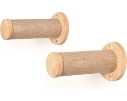 Krabpaal: Kattentrap Set - Klimtreden Krabpaal - Verticaal Klimmen - Massief Rubberhout - 2x 9x30 cm - Beige