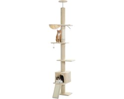 Kattenu TreeTower - Hoge Krabpaal plafond - Verstelbaar van 210-274 cm - Beige - Inclusief Hangmat en Katten huisje