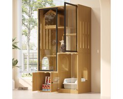 Kattenverblijf - 90x50x160 cm - Luxe Villa met 4 Lagen - met Krabpaal en Glas - Hout - Geel Esdoorn