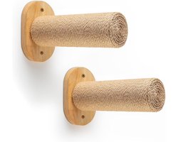 Kattenwandmeubel Set - Kattenplanken Muur - Spelen Klimmen - Met Krabtouw - 27x17x10 cm - Houtkleur