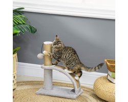 Katzenkratzbaum - Jutebespannung, Hängende Kugel mit Glocke, Kratzbrett - Sisal - Grau