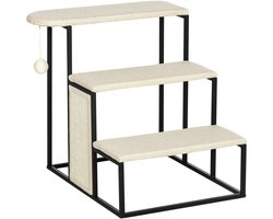 Katzentreppe - 51 x 54 x 53 cm - 3 Stufen, Kratzbrett, Spielball - Robust, Stahl & Sisal - Cremeweiß & Schwarz