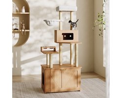 Katzenturm - 80 x 50 x 173 cm - Moderner Kratzbaum für Wohnungskatzen mit großer Plattform, Futterstation, Hängematte & Katzenkloschrank - Nussbaumfarben