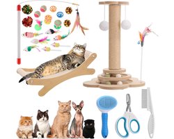 Kitten Starter Kit - Kattenbenodigdheden Set - Binnenkatten Verzorgen - 25 Delige Uitgebreide Set - Krabpaal 40x29cm - Kleurrijk