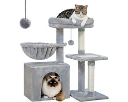 Kleine kattenboom 718 cm - Kattentoren voor binnenkatten - 2 stijlen kattenactiviteitenboom met krabpalen - Grote hangmat en afneembare topbaars - Grijs krabpaal voor katten