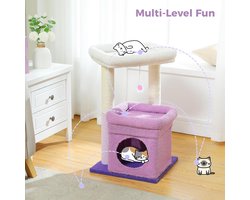 Kleine kattenboom, kattentoren met meerdere verdiepingen met sisal gecoate krabpaal, gezellige kattenwoning en grote kattenzitstok voor huiskatten, paars