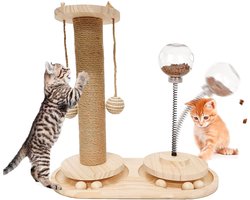 Krabpaal: Kleine Krabpaal voor Katten - 4-in-1 Kattenspeelgoed - Massief Hout - Sisal Krabpaal - Dubbele Draaibaan met 6 Ballen - Veer met Voerbal - 2 Hangballen - 40 x 20 x 36 cm - Naturel