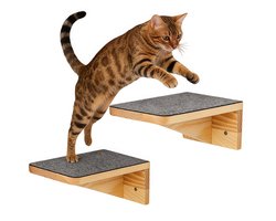 Klimplank kat - Wandmeubel voor katten - Houten kattenplank - Set van 2 - Klimbaar - Wandmontage - Voor woonkamer en appartement - Ideaal voor kleine ruimtes - 15 x 25 x 9.5 cm - Natuurlijke houtkleur