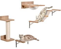 Klimwand Set voor Katten met Krabpaal, Krabladder en Hangmat, 4-delig, 100 x 25,5 x 17,5 cm, Bruin, Gemaakt van Duurzaam Materiaal, Stevig en Duurzaam, Geschikt voor Katten om te Spelen en te Rusten