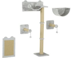 Klimwandset voor katten (5 stuks) 60×32×140 cm. Inclusief krabpalen, hangmatten, springplanken en krabpalen voor aan de muur. Bespaart ruimte en biedt klim- en krabplekken.