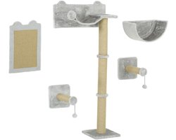 Klimwandset voor katten (5 stuks) Inclusief krabpalen, hangmatten, springplanken en krabpalen voor aan de muur. Bespaart ruimte en biedt klim- en krabplekken 60×32×140 cm Lichtgrijs Spaanplaat