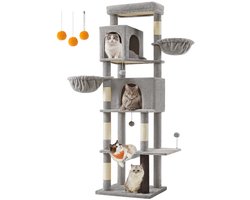 Krabpaal: Krabboom - kattenklimtoren - katachtige activiteitscentrum - 190,7 cm hoog - 2 grotten - 59 cm x 48 cm x 190,7 cm - grijs