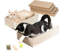 Krabbox voor katten met 4 krabplanken, 2 kartonnen dozen en speelbal - Interactief speelgoed voor meerdere katten - Perfect voor verjaardagen en feestdagen