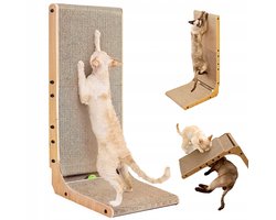Krabplank: Krabkarton Voor Katten met Speelballetje - L-vorm Kattenkrabber - Kartonnen Krabmat - Slijtvast & Krasbestendig - Beschermt Bank & Meubels - Veilig - 68x42x28 cm - Hoekkrabpaal - Voor Spelende en Krabbende