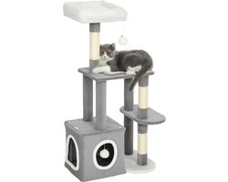 Krabpaal: Krabpaal 107 cm met grot-2 pluche ballen-sisalpalen-groot platform-55x40x107 cm-grijs