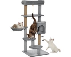 Krabpaal: Krabpaal 120 cm – Kattenboom met Mand, Katten Cave & Speelbal – Lichtgrijs