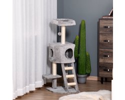 Krabpaal: Krabpaal 120 Cm – Met Huisje En Speelbal – 50 X 40 X 120 Cm – Pluche En Sisal – Lichtgrijs – Voor Katten