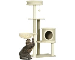 Krabpaal: Krabpaal 124 cm &ndash; Kattenboom met Katten Cave, Speelbal & Sisal Mand &ndash; Beige