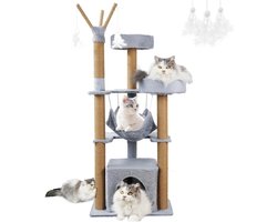 Krabpaal 126 cm hoge kattenboom - stabiele kattenkrabpaal - meerdere verdiepingen - kattenhuis - krabpalen - modern kattenmeubel met 2 platforms - pluche ballen voor kleine katten - grijs