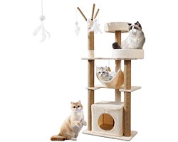 Krabpaal 126 cm hoog kattenboom met kattenhuis hangmat- stabiel kattenklimrek - 2 platforms - afneembare pluche bal.