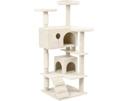 Krabpaal: Krabpaal 130 cm - Kattenkrabpaal met Sisalpalen, Huisje, Ladder en Ligplateaus - Kattenboom voor Binnenkatten - Beige