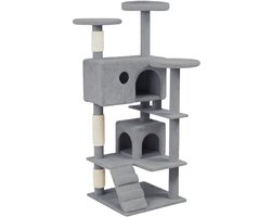 Krabpaal: Krabpaal 130 cm - Kattenkrabpaal met Sisalpalen, Huisje, Ladder en Ligplateaus - Kattenboom voor Binnenkatten - Lichtgrijs