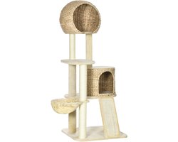 Krabpaal: Krabpaal 150 cm - Kattenboom - Krabmeubel - Rotan kattenhuis - Meerdere platforms - Met hangmat - Anti-kantel - Binnenshuis - 60x60x150cm - Beige