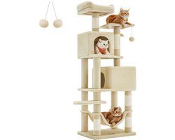 Krabpaal - 155 cm - Met Plateaus en Hangmat - Beige – Luxe Kattenboom
