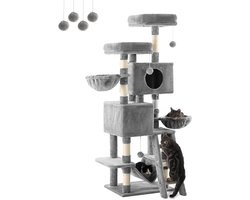 Krabpaal 160 cm hoog, activiteitenboom voor katten, met 2 platforms, 2 holletjes, 2 manden, hangmat, pluche ballen, sisal-trap, lichtgrijs