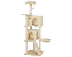 Krabpaal: Krabpaal 160 cm Kattenboom met Hangmat, Ladder en Kattenhol &ndash; 2 Pluche Ballen en Sisalstammen Beige 48 x 48 x 160 cm