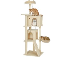 Krabpaal: Krabpaal 160 cm met hangmat-ladder-grot-2 pluche ballen-sisalpalen-48 x 48 x 160 cm-beige