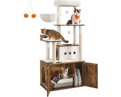 Krabpaal: Krabpaal – 170 cm Hoog – Met Vintage Bruine Kattenbakkast – Luxe Kattenmeubel