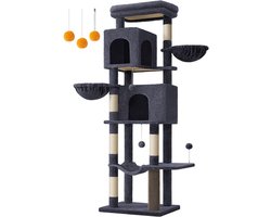 krabpaal 175 cm hoog XL-krabpaal met 2 holen - 2 ligstoelen - 5 krabpalen - kattenborstel - Groot platform - donkergrijze