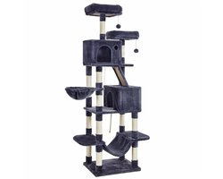 Krabpaal - 206cm hoge krabpaal - Met 13 krabpalen - 1 krabhelling - 2 platforms - 2 grotten - mand - hangmat - Grijs