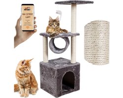 Krabpaal - 31x31x90cm - met huisje, platform en tunnel - grijs