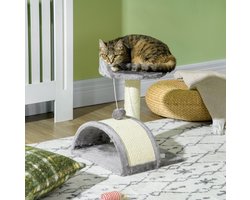 Krabpaal: Krabpaal 46 cm met Huisje, Speelbal en Verhoogd Platform - Grijs Pluche en Sisal - Voor Katten tot 4 kg
