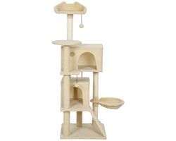 Krabpaal: Krabpaal 48x48x140 cm Beige Spaanplaat Krabpaal Met grot hangmat platform en ladder Met speelbal Eenvoudig design Stevig en duurzaam Zacht en comfortabel Geschikt voor circa 1-3 katten