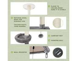 Krabpaal 5-laags vloer tot plafond Kattentoren in hoogte verstelbaar - klimactiviteitencentrum voor kittens - gezellig bed - bungelende bal - indoor katten - beige