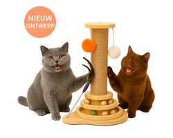 Krabpaal 50 cm – Compact met Sisal, Speelballen en Teaser – Interactief voor Katten - 4-in-1 activiteit voor katten