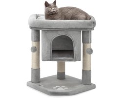 Krabpaal: Krabpaal 60 cm &ndash; Kattenboom met Kattenhuis en Comfortabele Ligplek &ndash; Sisal Krabpalen met 2 Pluche Speelballen en Belletjes &ndash; Lichtgrijs