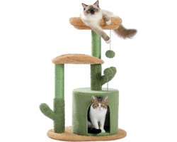 Krabpaal 78 cm, met ligmandjes, pluche hol/doos, speelballetjes, sisal touw, krabstang, groen, cactus, kat