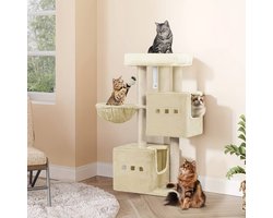 Krabpaal 98cm, Beige Kattenboom, Kleine Krabpaal, Meer laags Krabpaal met Zitstok, Kattenhuis Meubilair met 2 Grotjes, Sisal Krabpaal, Hangmat, Grot.